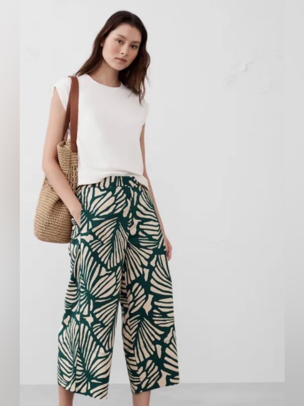 Banana Republic Green and Cream Wide-Leg Printed Pants